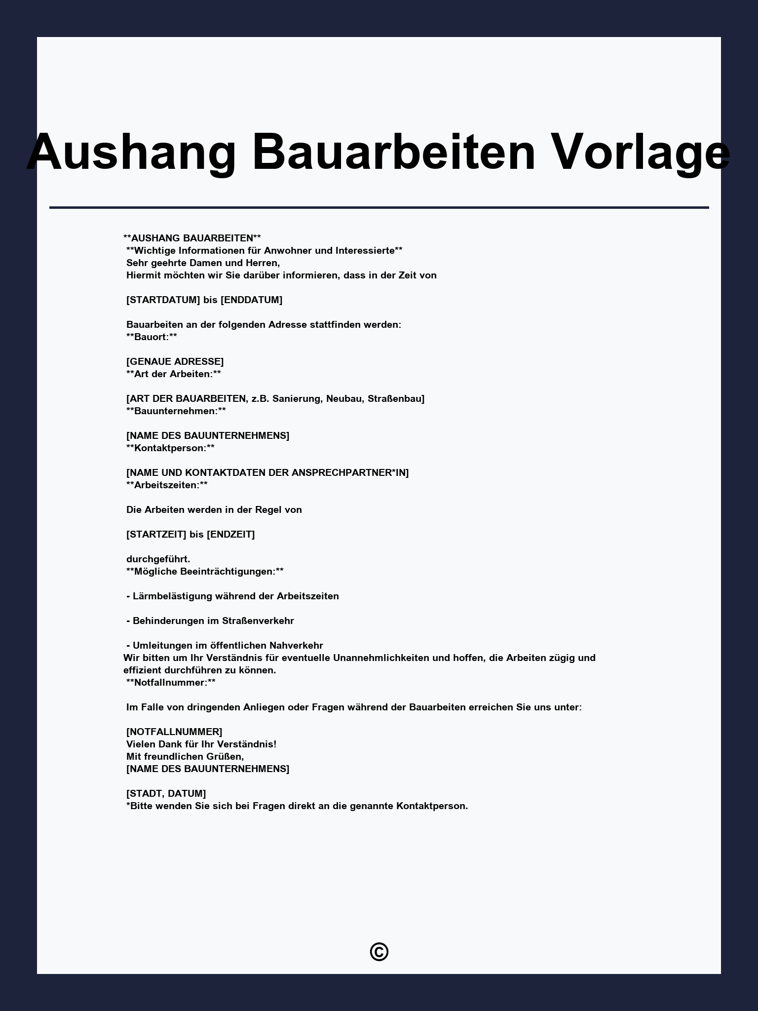 Aushang Bauarbeiten Vorlage