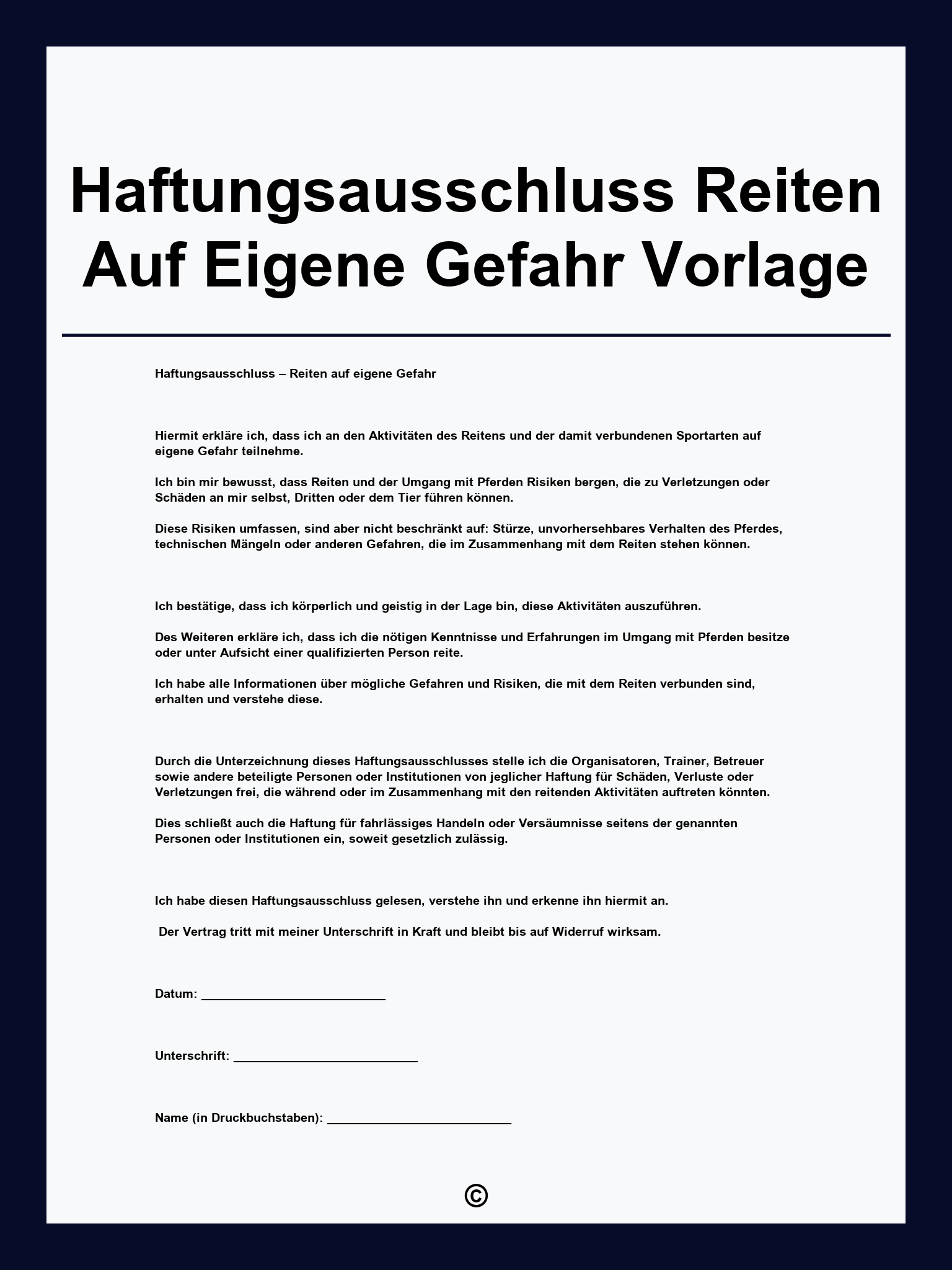 Haftungsausschluss Reiten Auf Eigene Gefahr Vorlage