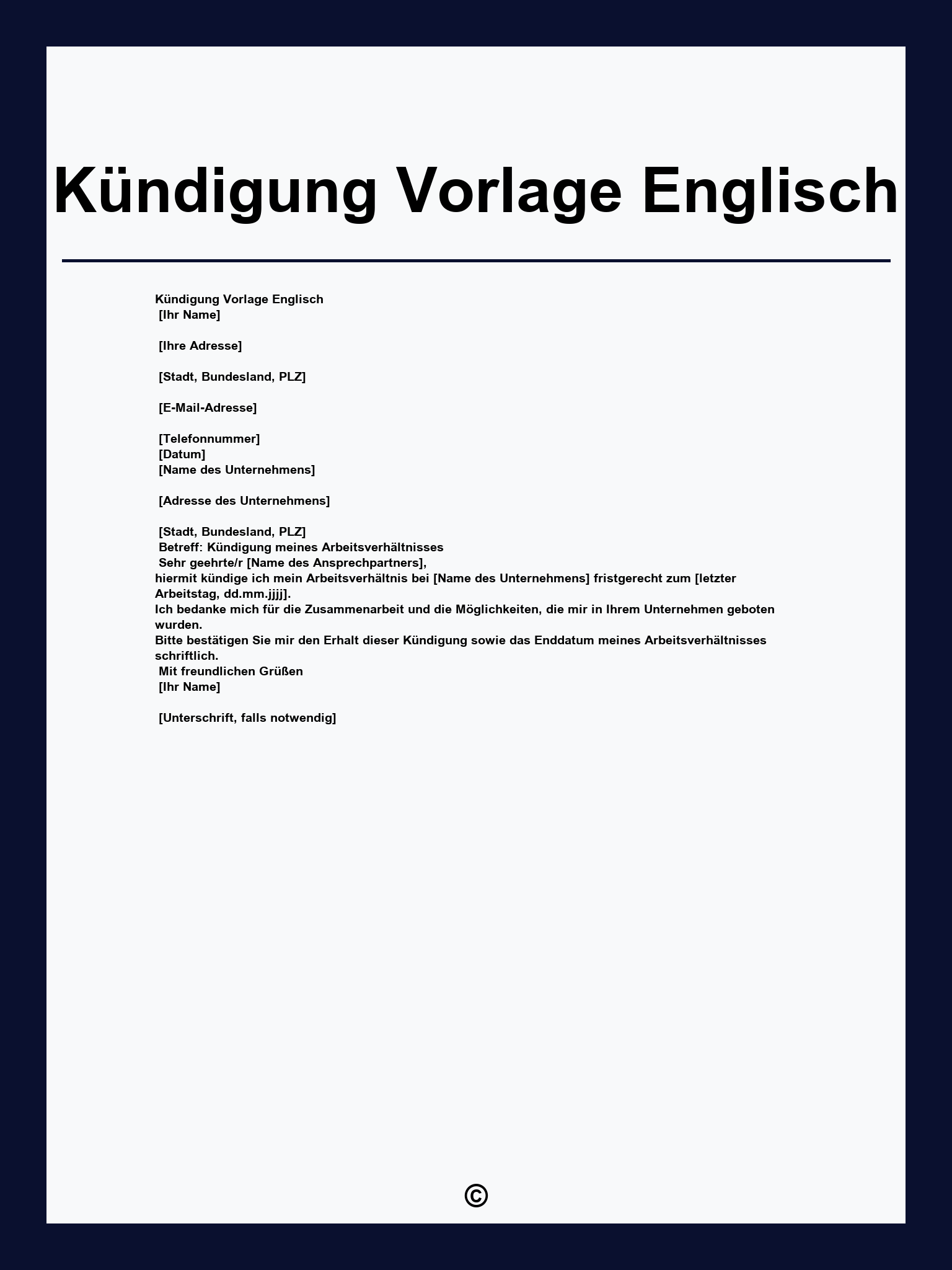 Kündigung Vorlage Englisch