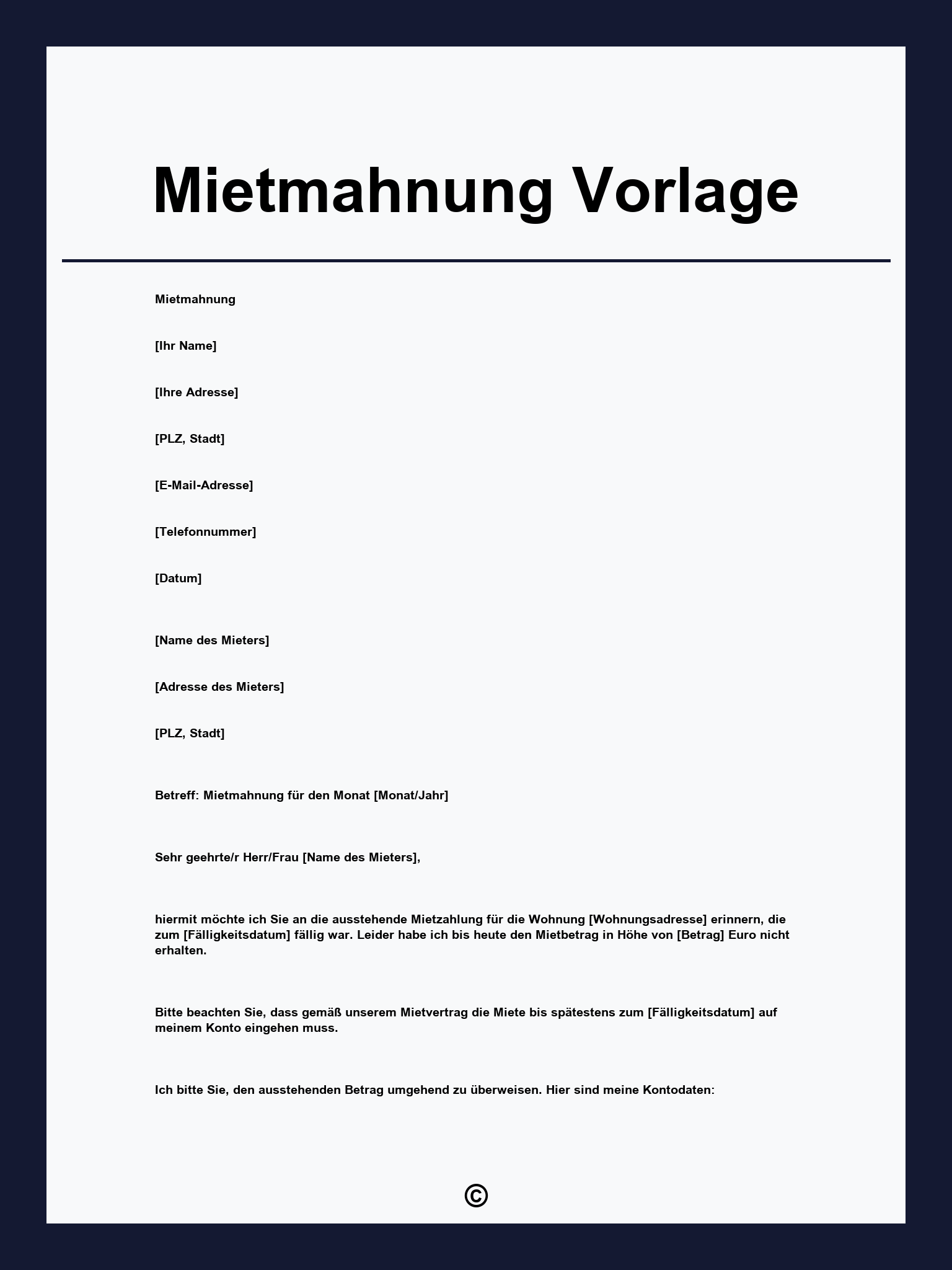 Mietmahnung Vorlage
