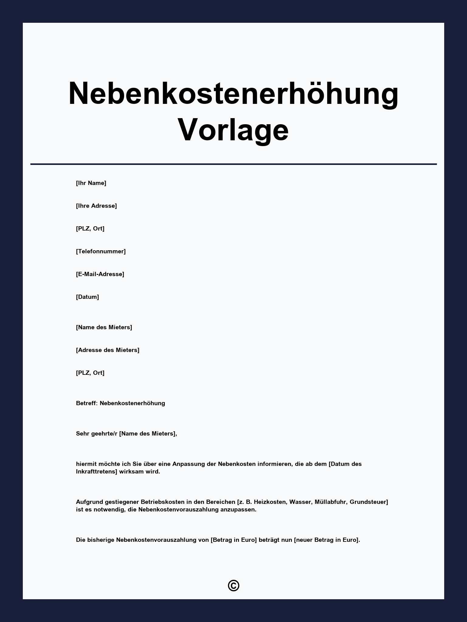 Nebenkostenerhöhung Vorlage