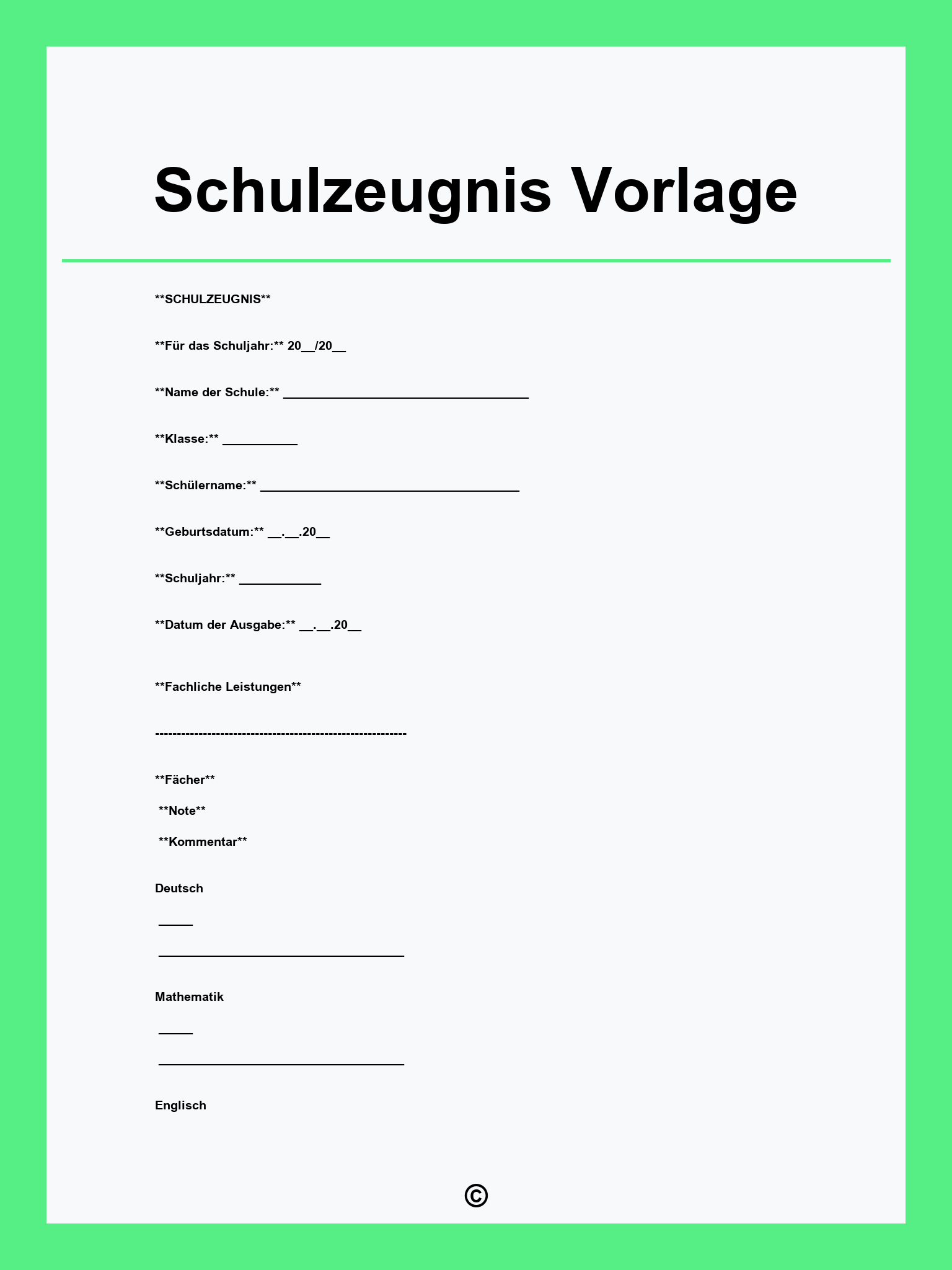 Schulzeugnis Vorlage