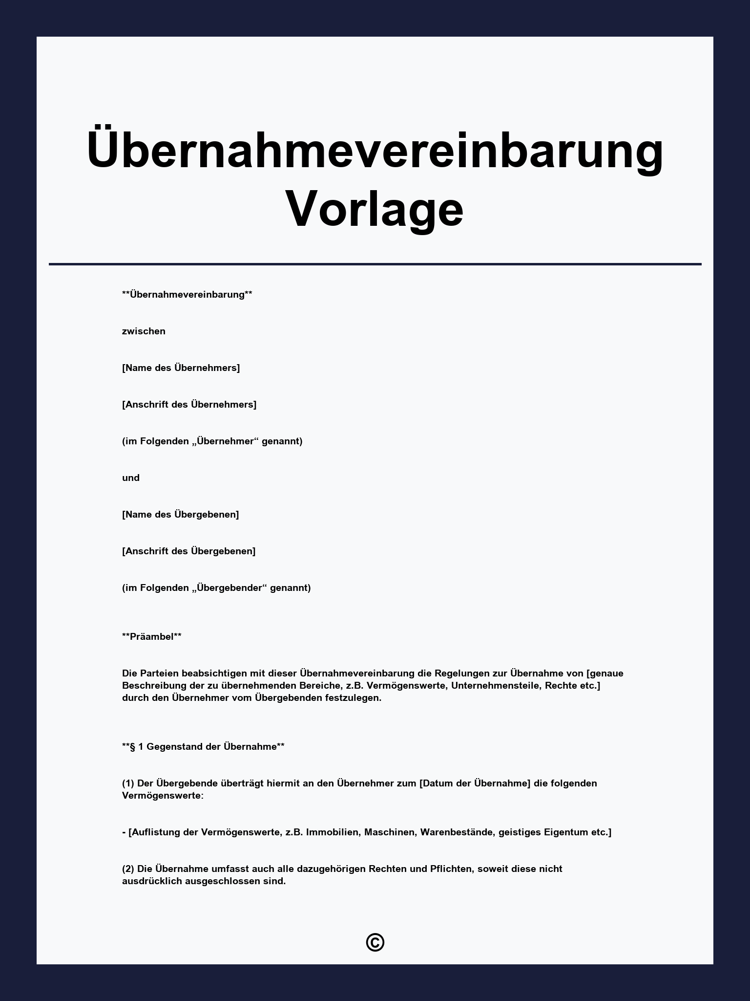 Übernahmevereinbarung Vorlage