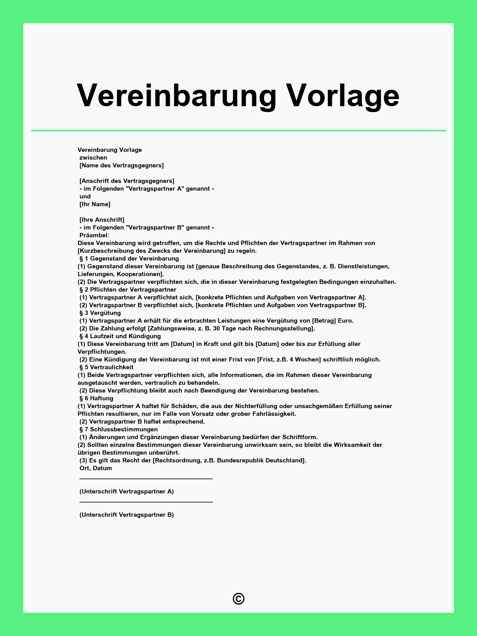 Vereinbarung Vorlage