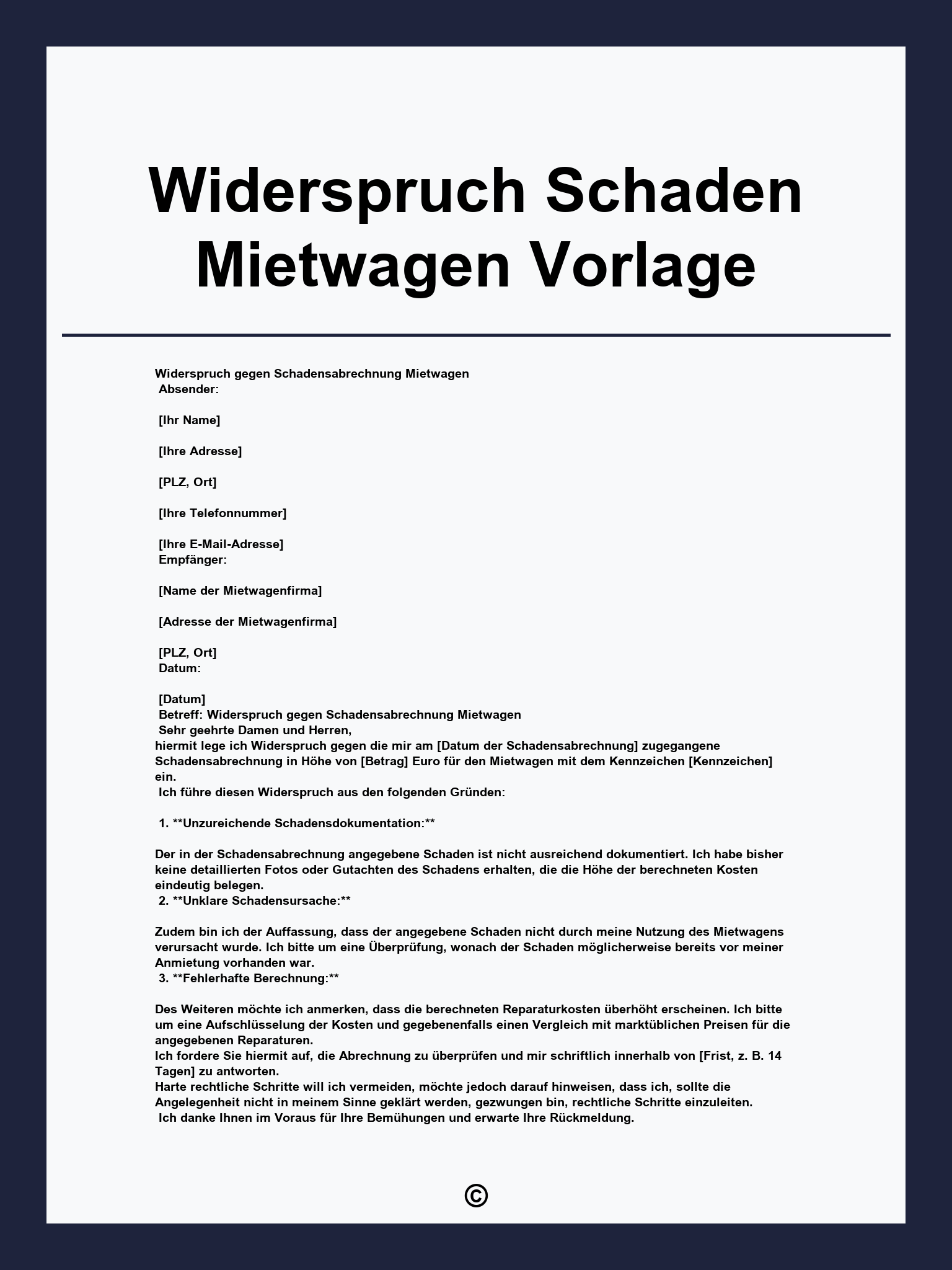 Widerspruch Schaden Mietwagen Vorlage